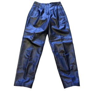 Vintage Lord & Taylor Pleated Navy Blue Leather Pants Tapered 90s Y2K Women's 4